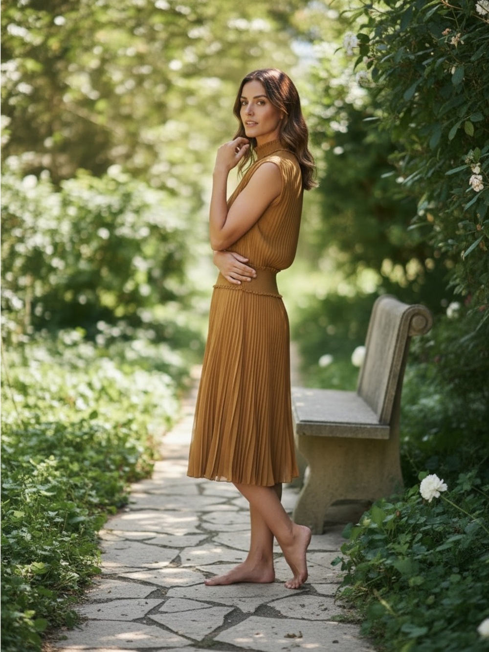 Nanette Lepore Mustard Pleated Sleeveless Midi Dress size 12